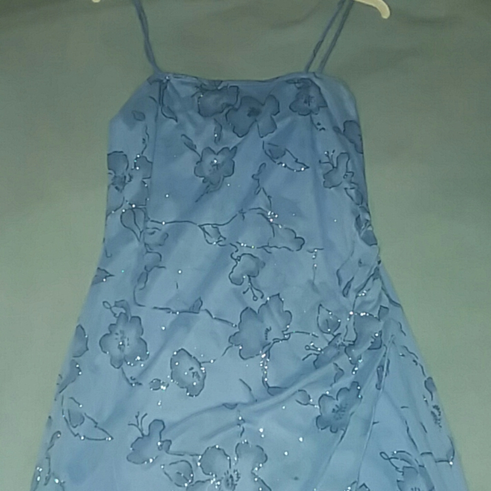 Blue sparkly flower hi-low formal dress
